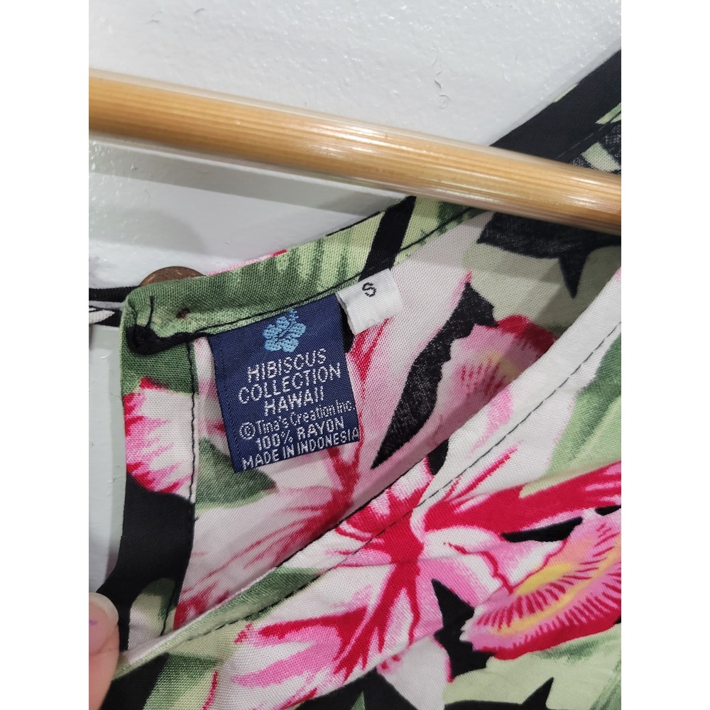 Hibiscus Collection Hawaii Womens Small Tropical Floral Rayon Shift Dress Black - Picture 3 of 7